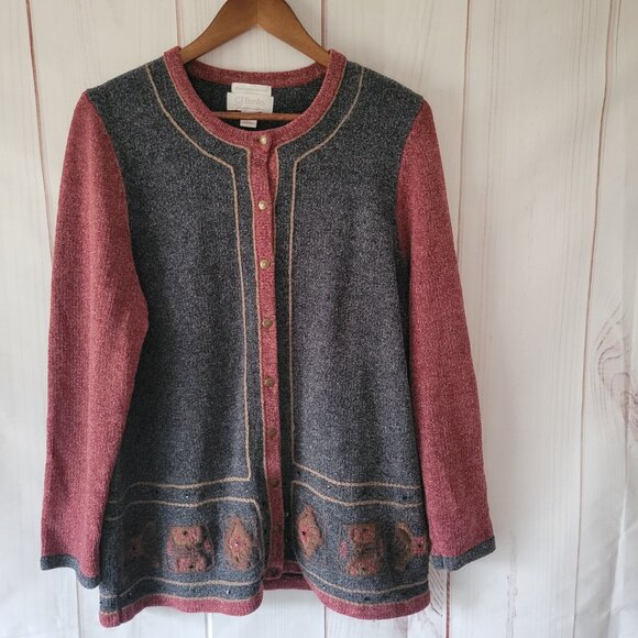 Vintage CJ Banks Women’s 1X Button-down Cardigan, Hand Embroidered, Maroon/Gray - Picture 3 of 10